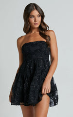 Mini-robe Marzy - Robe évasée bustier en dentelle à motif floral noire