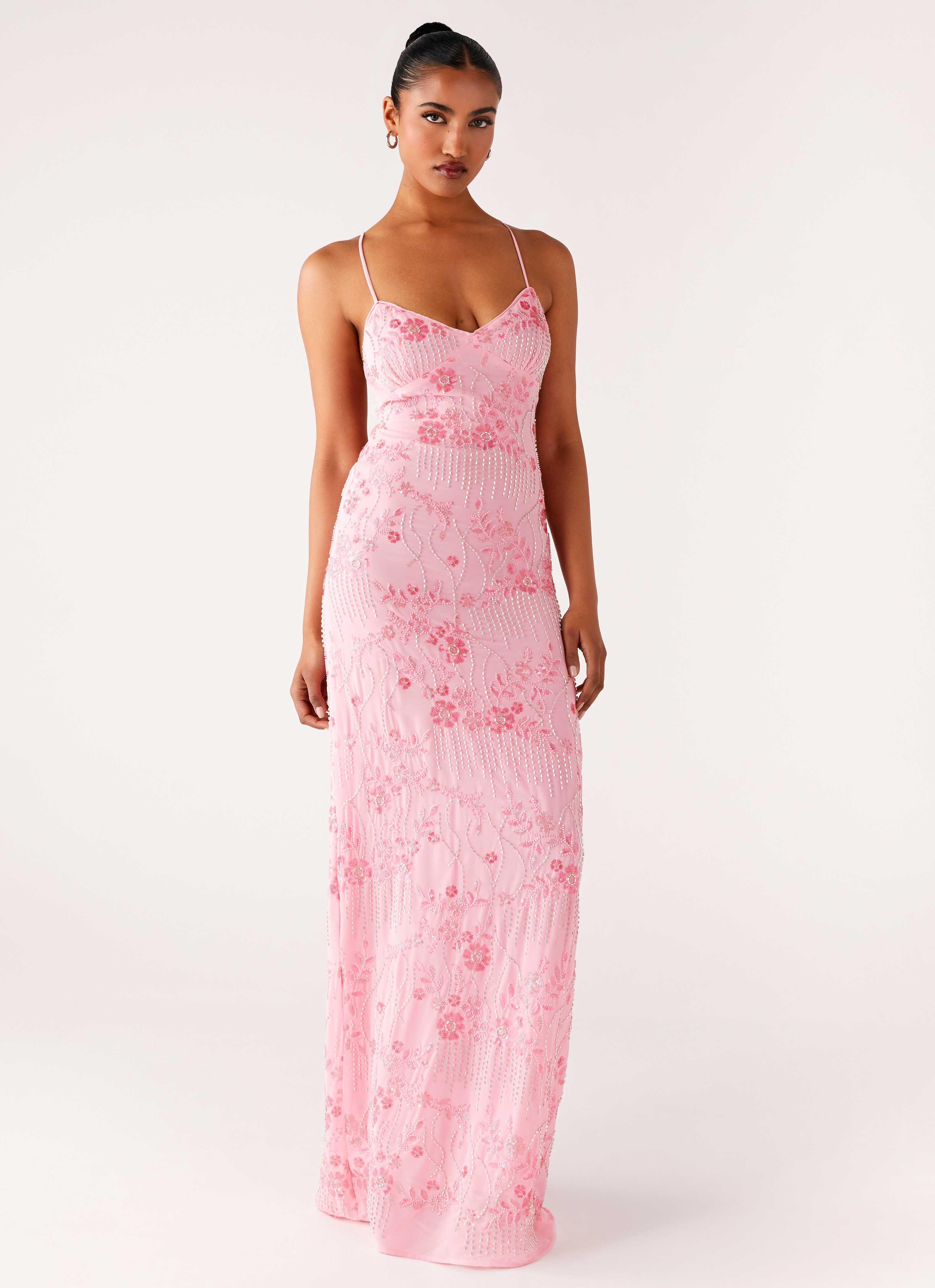 Robe longue à fines bretelles Vietta Sequin - Rose