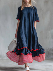 Women’s Patchwork Striped Midi Dress – Casual Red Summer Dress