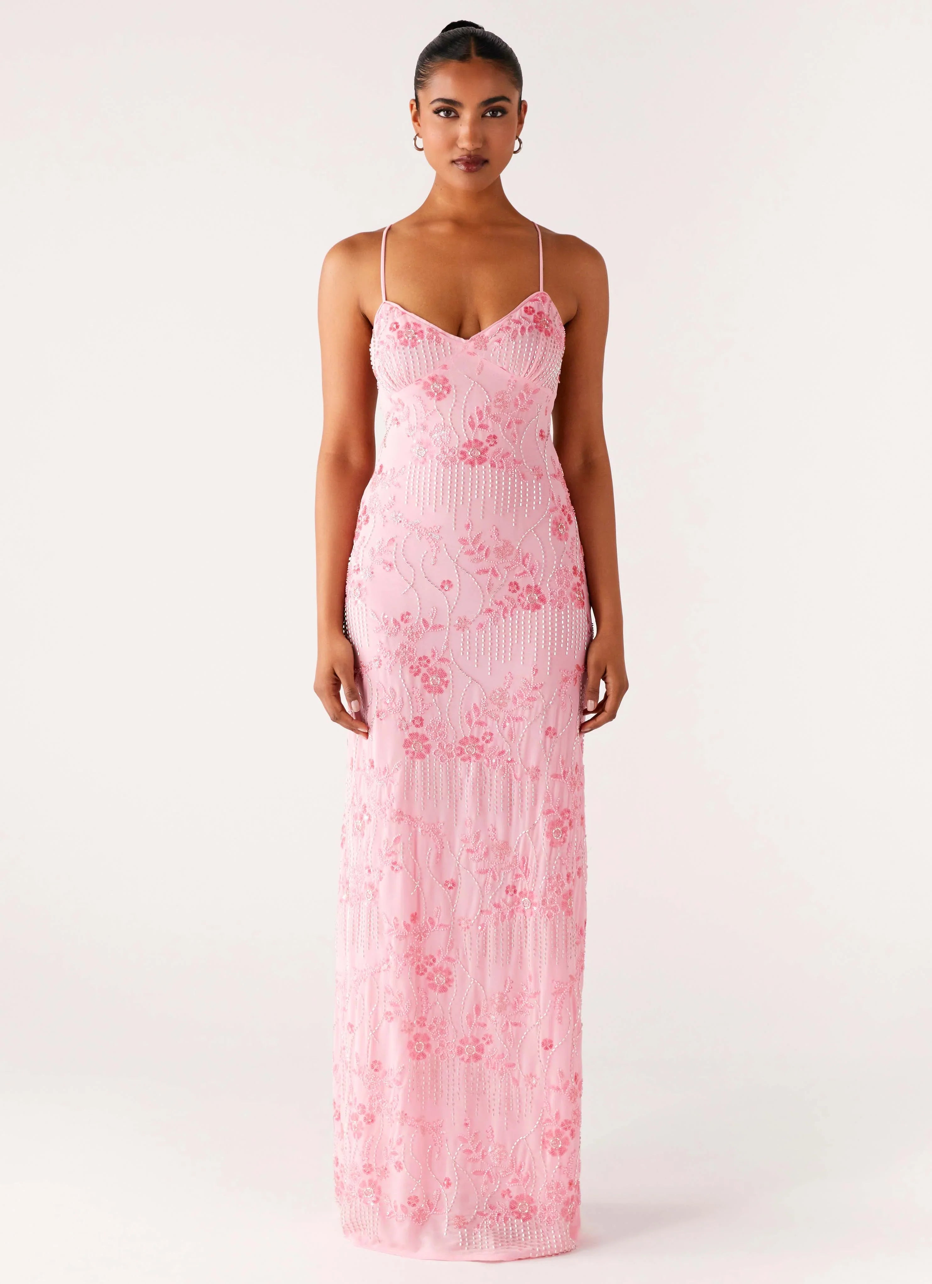 Robe longue à fines bretelles Vietta Sequin - Rose