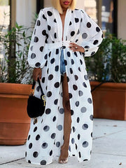 Women's Retro Polka Dot Art Print Casual Sheer Stylish Comfortable Long Shirt Dress