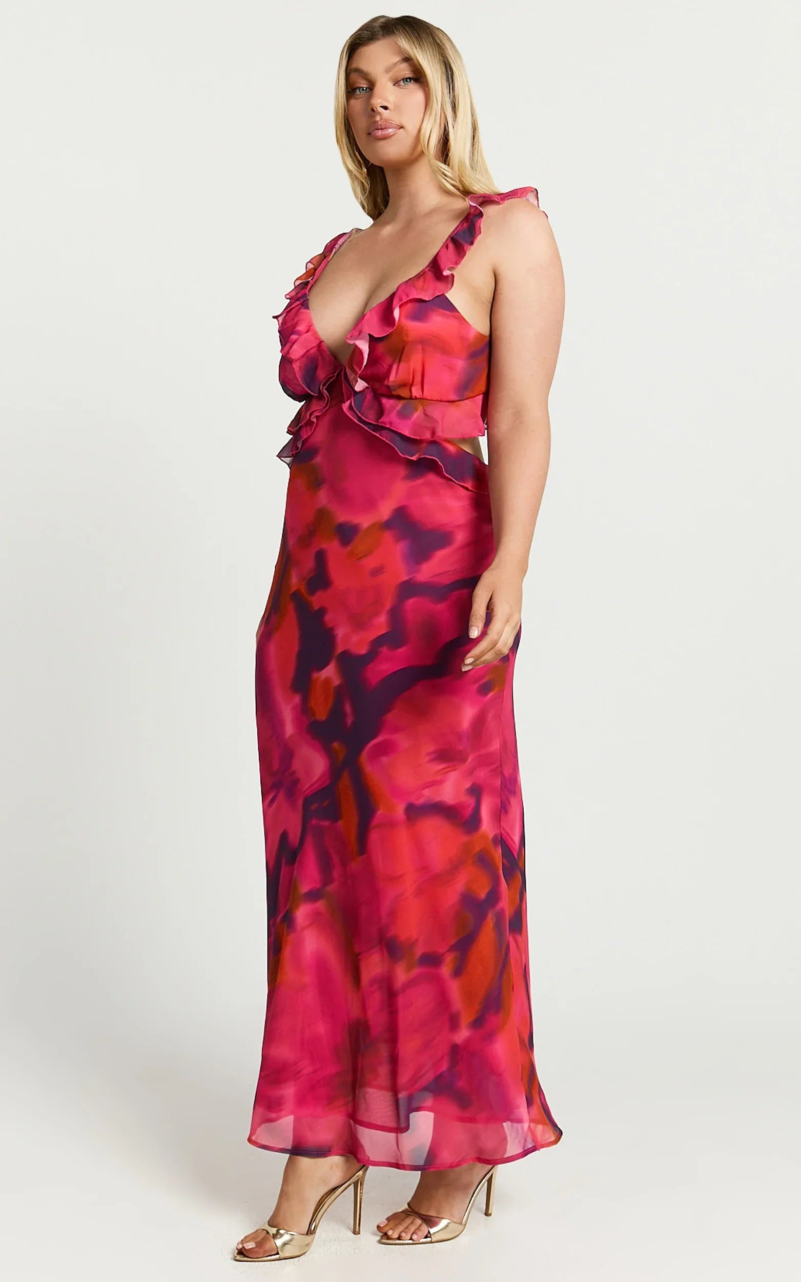 Robe longue Alessa - Col V à volants, taille empire et découpe au dos, imprimé Adeana