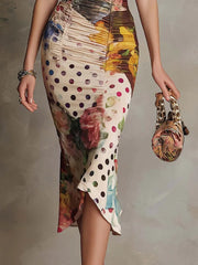 Vintage Floral & Polka Dot Lace Trim Ruched Midi Dress