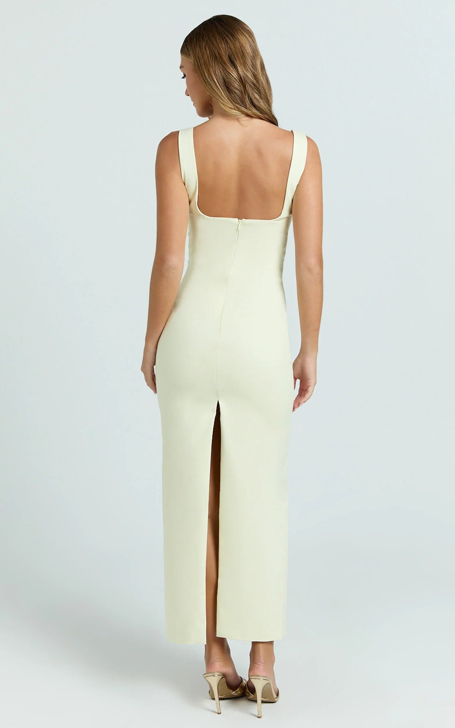 Robe midi Benita - Robe ajustée froncée à col rond de couleur Citron