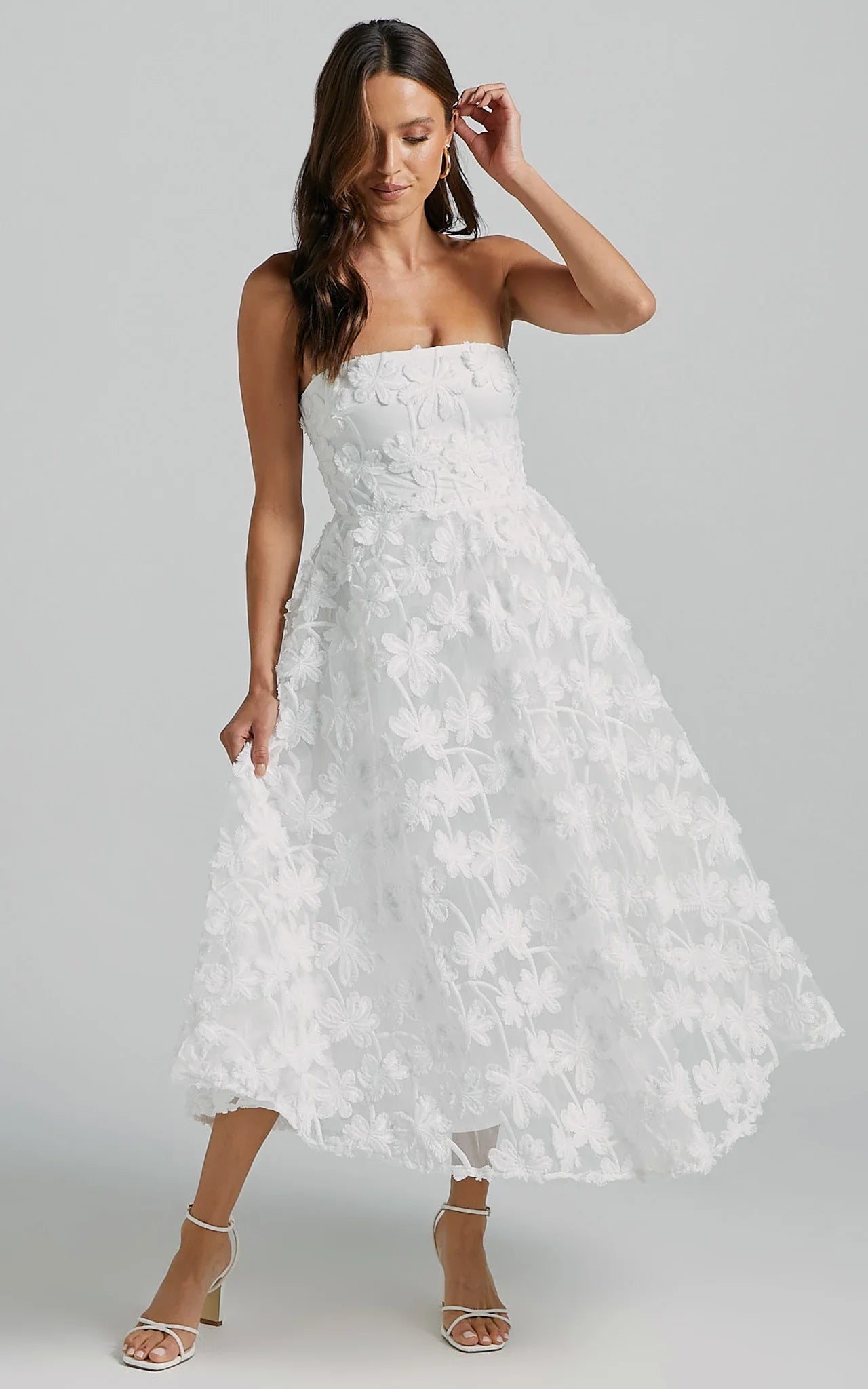 Robe Midi Rheiva - Robe Midi Bustier Broderie 3D Blanche