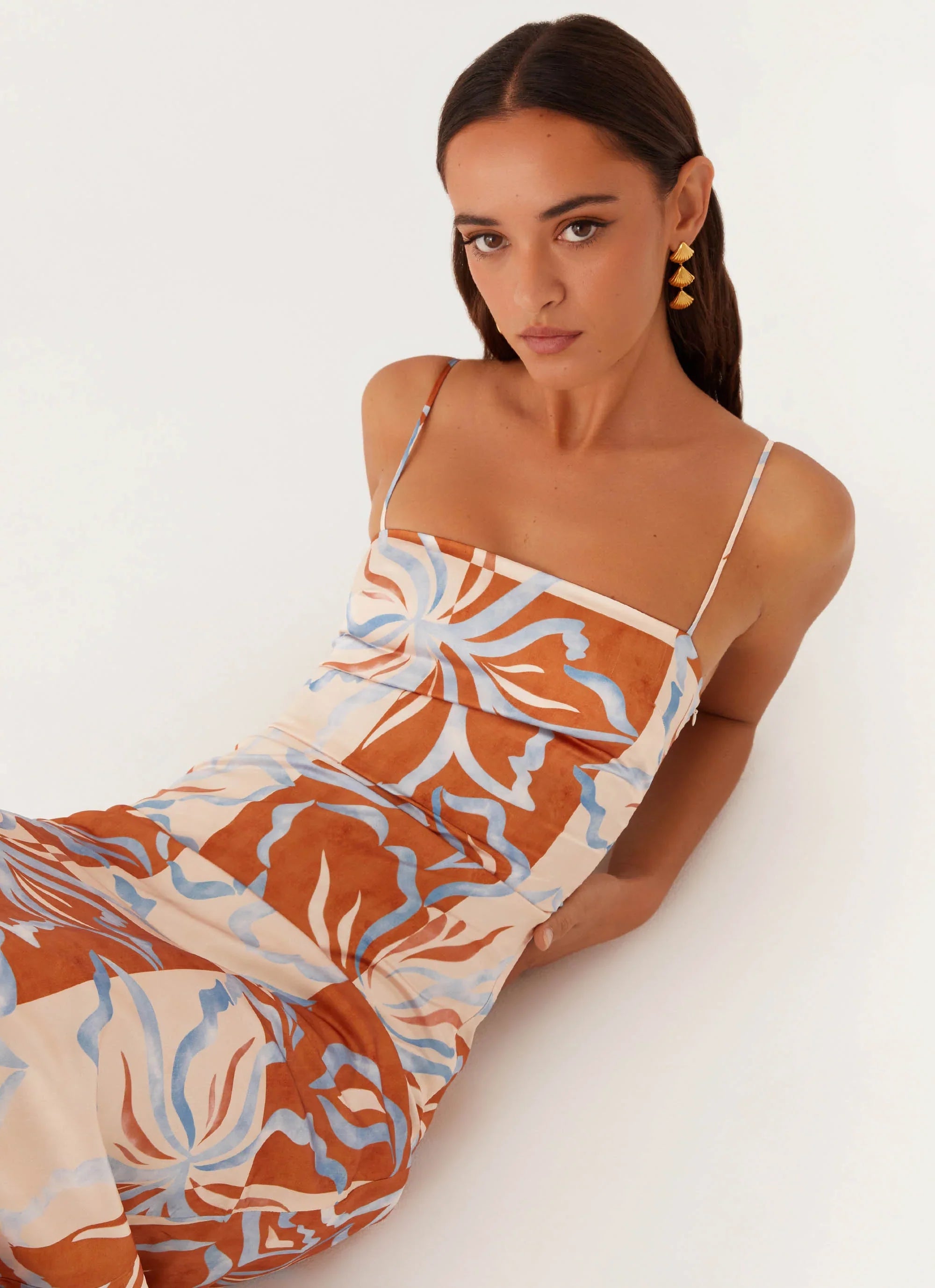 Robe longue Aster Bloom – Fleurs oranges et bleues