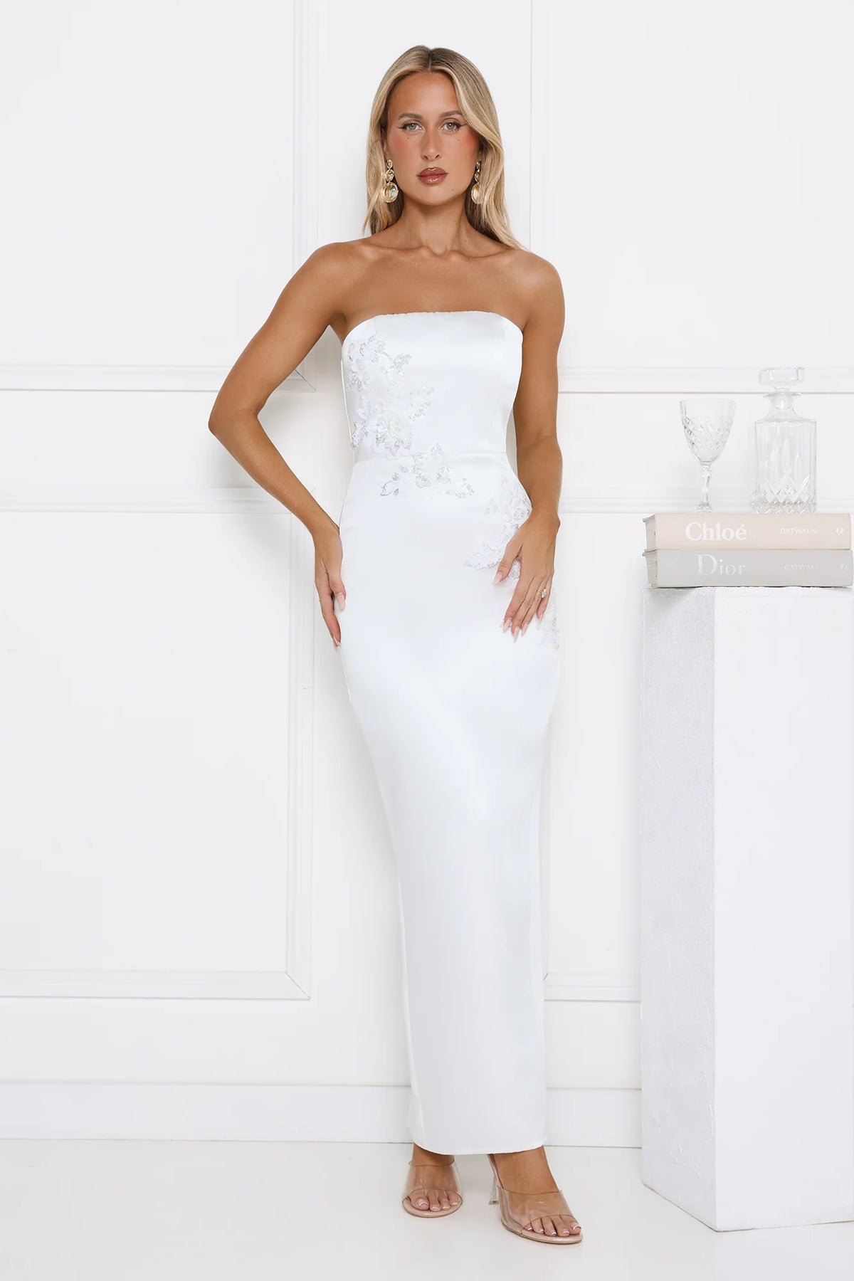 Robe longue bustier ornée Dusk Desire blanche