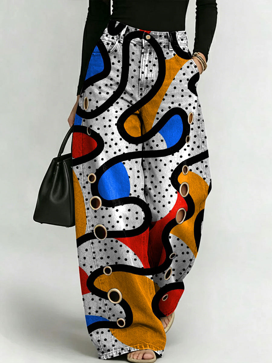 Women's Retro Geometric Color-blocking Patterns Printed Stylish Cutout Casual Denim Jeans