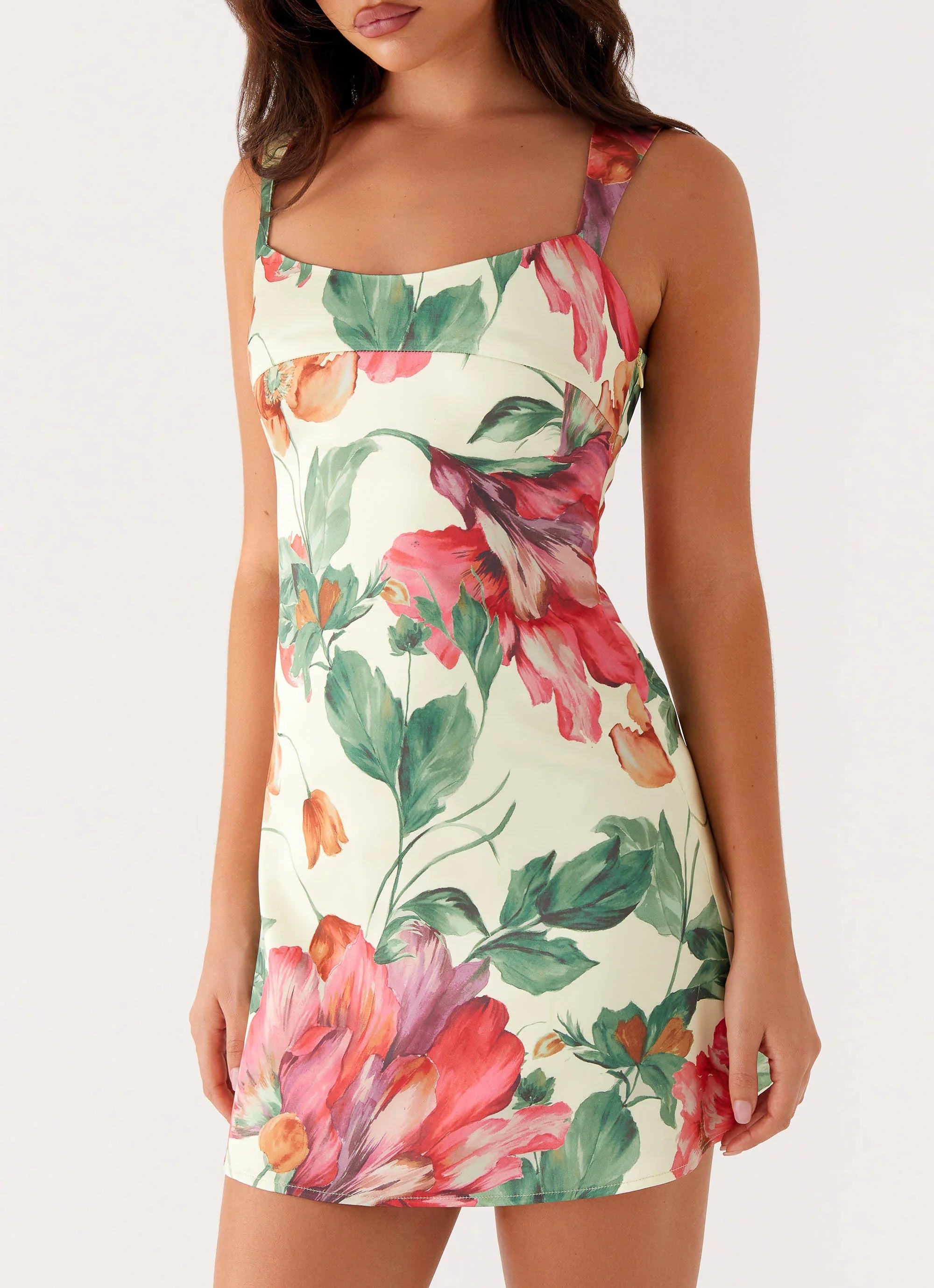 Mini-robe Odette en satin - Motif floral jaune
