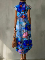 Retro Color-block Floral Decorative Pattern Women's Casual No Sleeve Bud Collar Linen Cotton Dress