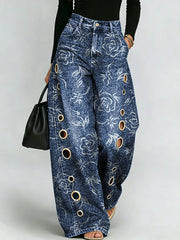Printed Curved-leg Jeans With Metal Ring Accents