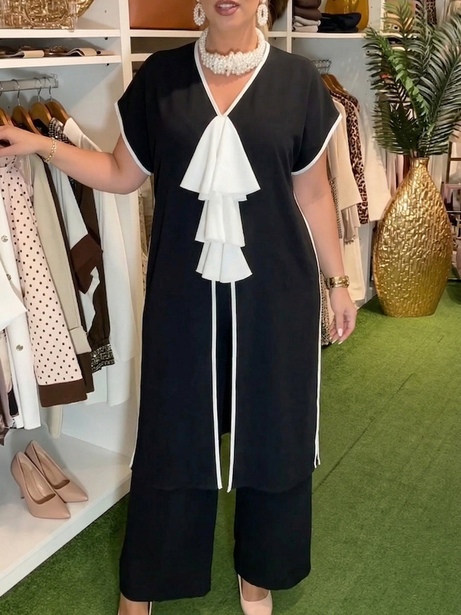 Elegant Contrast-trim Tie-detail Chiffon Longline Blouse