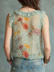 Women's Floral Polka Ruffled Art Casual Stylish Sleeveless Shirt