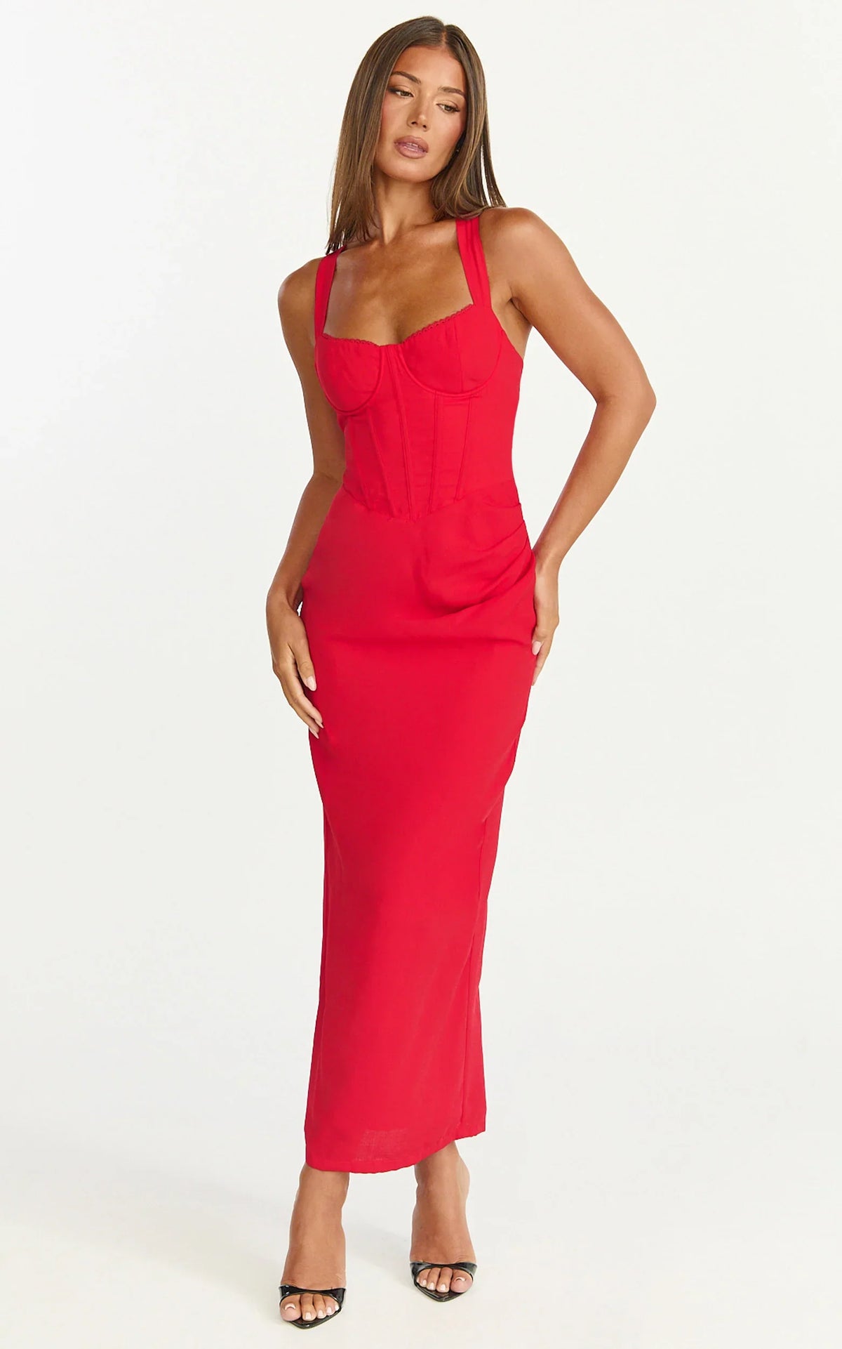 Robe midi Lila - Robe moulante rouge à corset et col en V