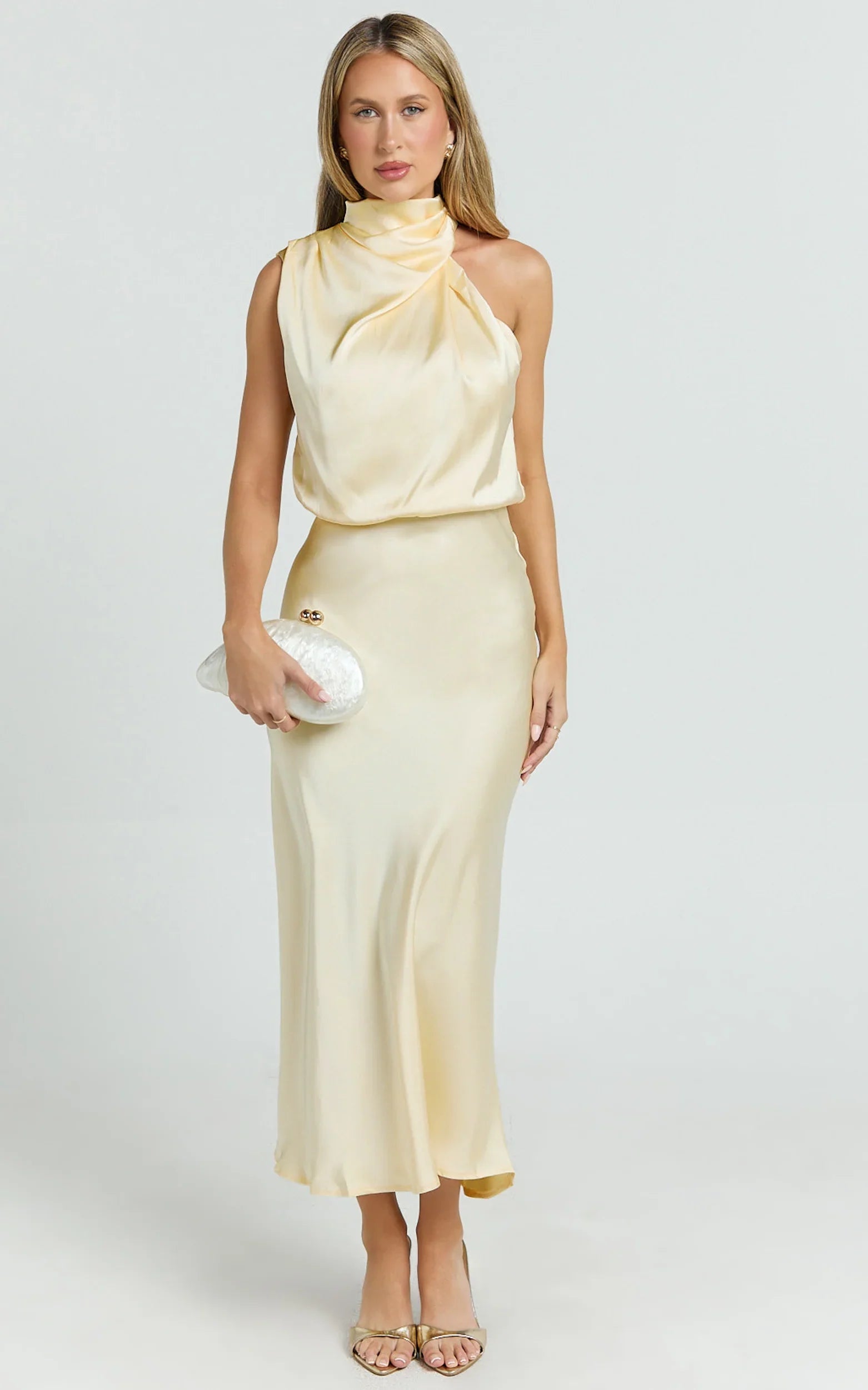 Robe Minnie Midi - Robe nuisette en satin à col drapé jaune beurre
