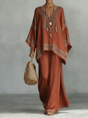 Women's Comfortable and loose print pattern cotton and linen wide-leg pants two-piece set