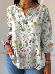 Women's Floral Art Pattern Print Casual Cotton Linen Shirt