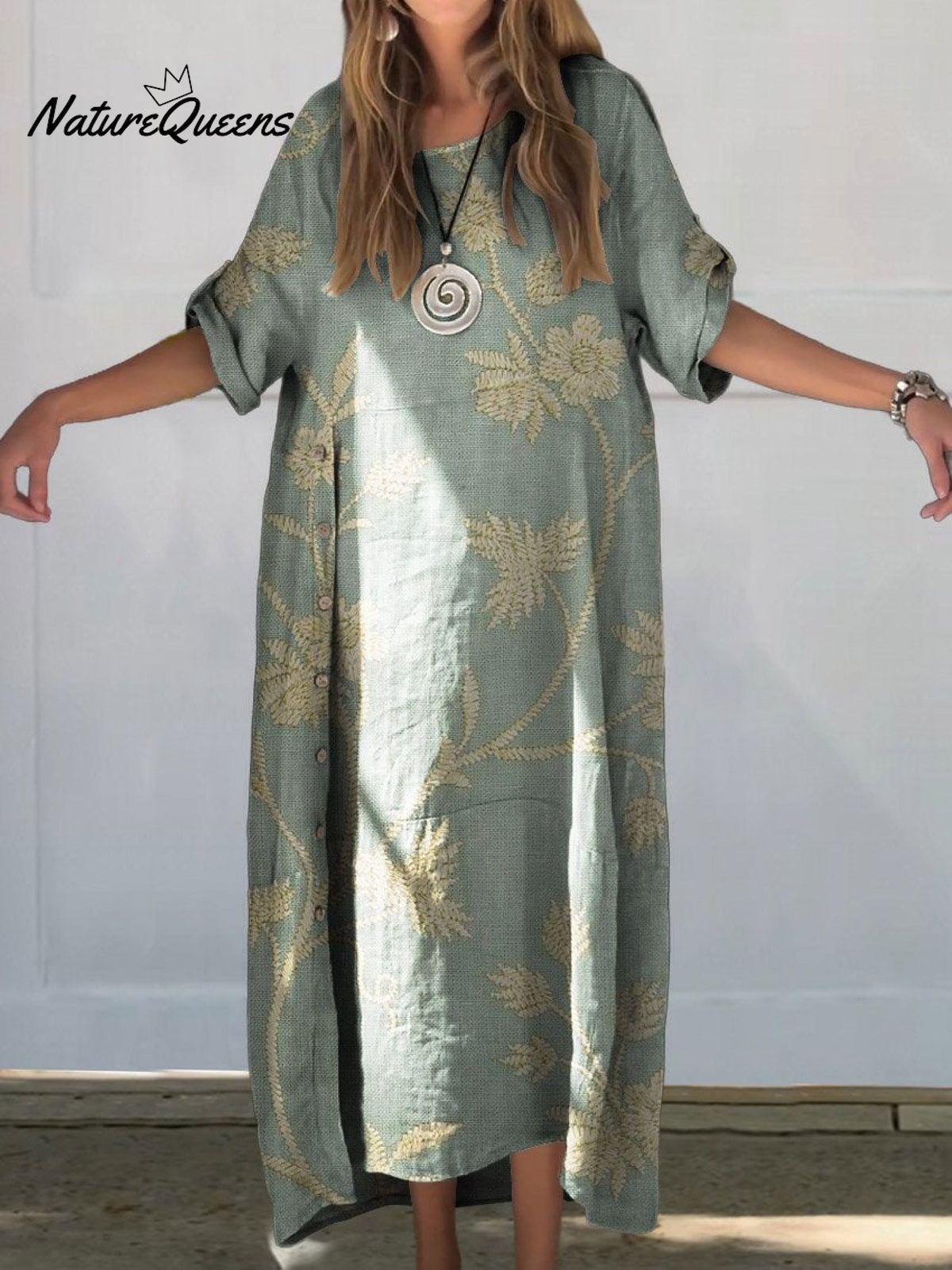 Women's Retro Floral Print Linen Cotton Buttons Dress
