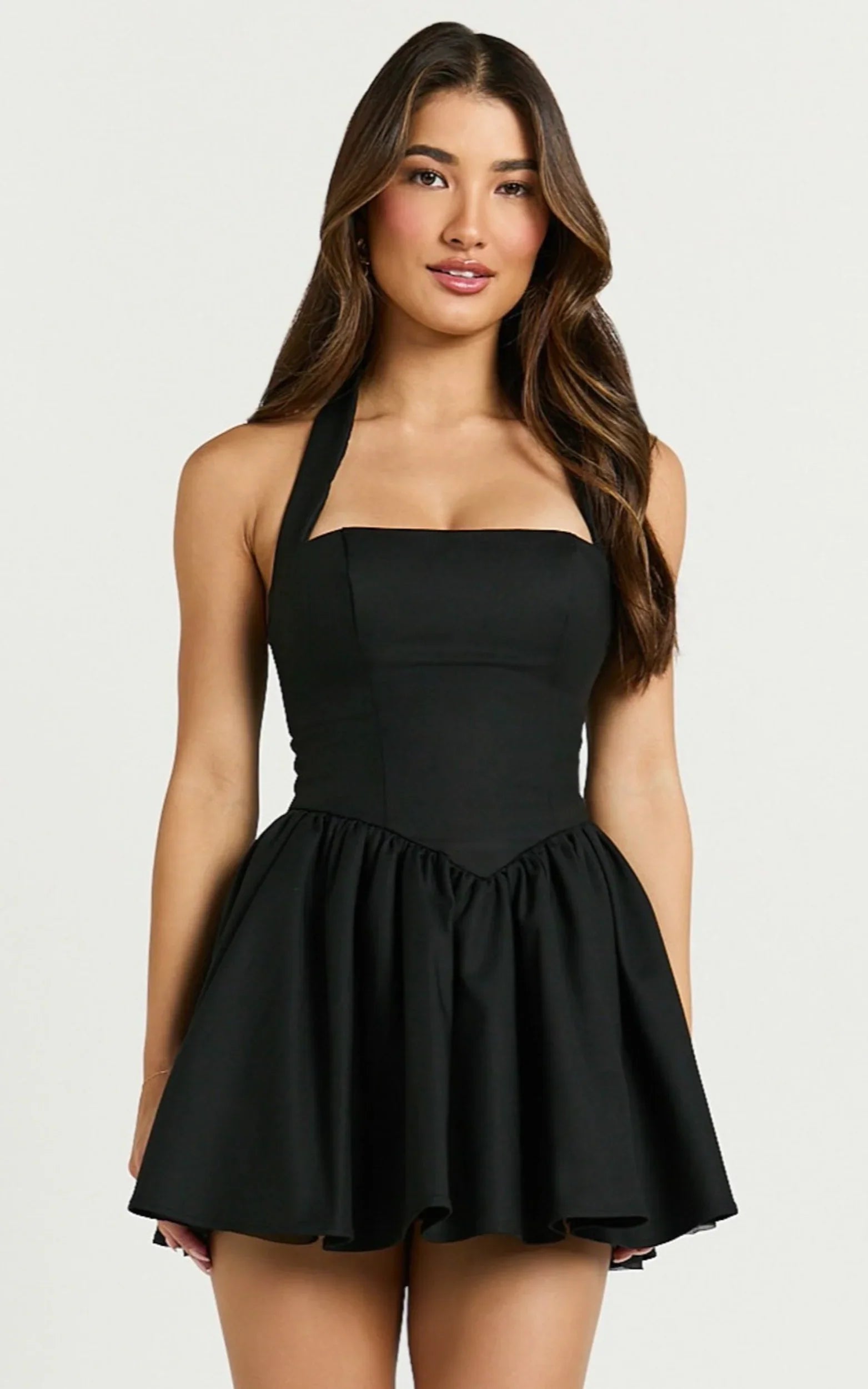 Mini-robe Helda - Robe à col montant à nouer et à empiècement corset noire