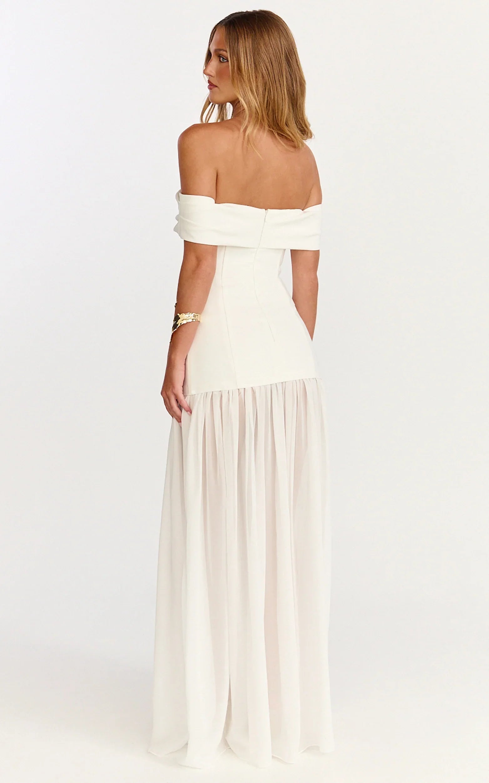 Robe longue Florence - Robe à épaules dénudées avec jupe transparente blanche