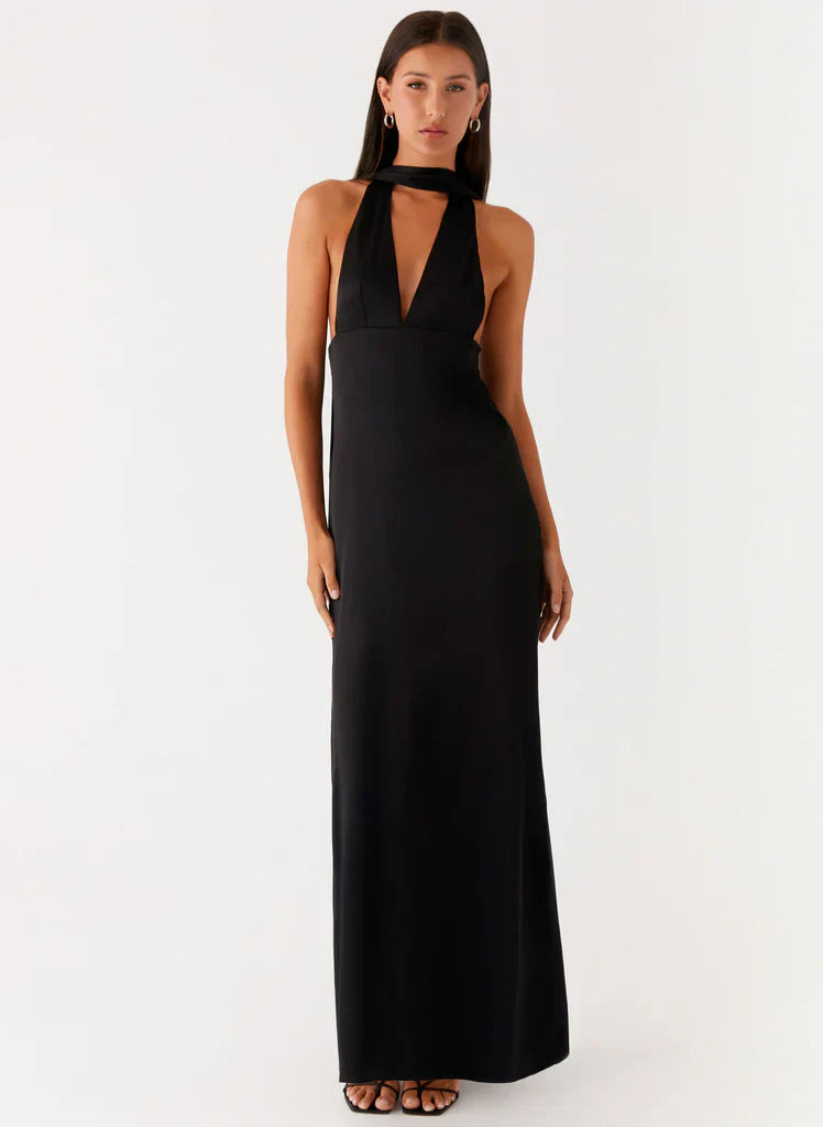 Robe longue dos nu en satin Alicia - Noir