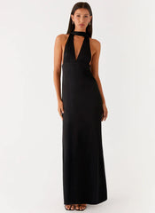 Robe longue dos nu en satin Alicia - Noir