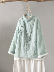 Women's Stand-collar Long-sleeve Loose-fit Casual Cotton-linen Shirt With Embroidery