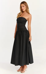 Robe longue Louisa - Robe noire bustier coupe ajustée et évasée avec fronces latérales et taille basse