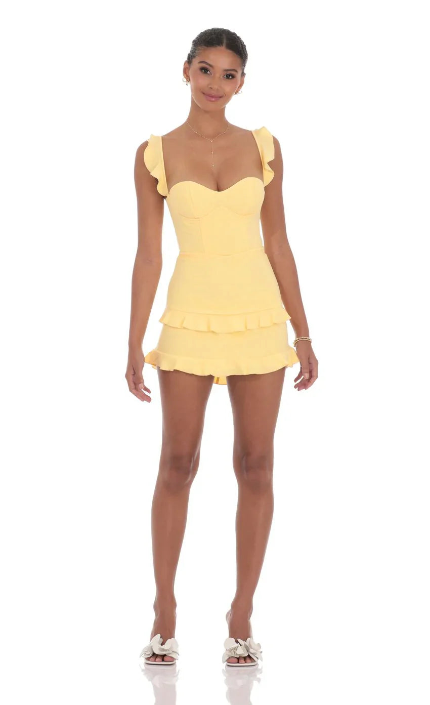 Robe corset à volants jaune