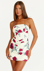Mini robe Dahlia - Robe moulante bustier drapée avec taille froncée imprimé Rose écarlate