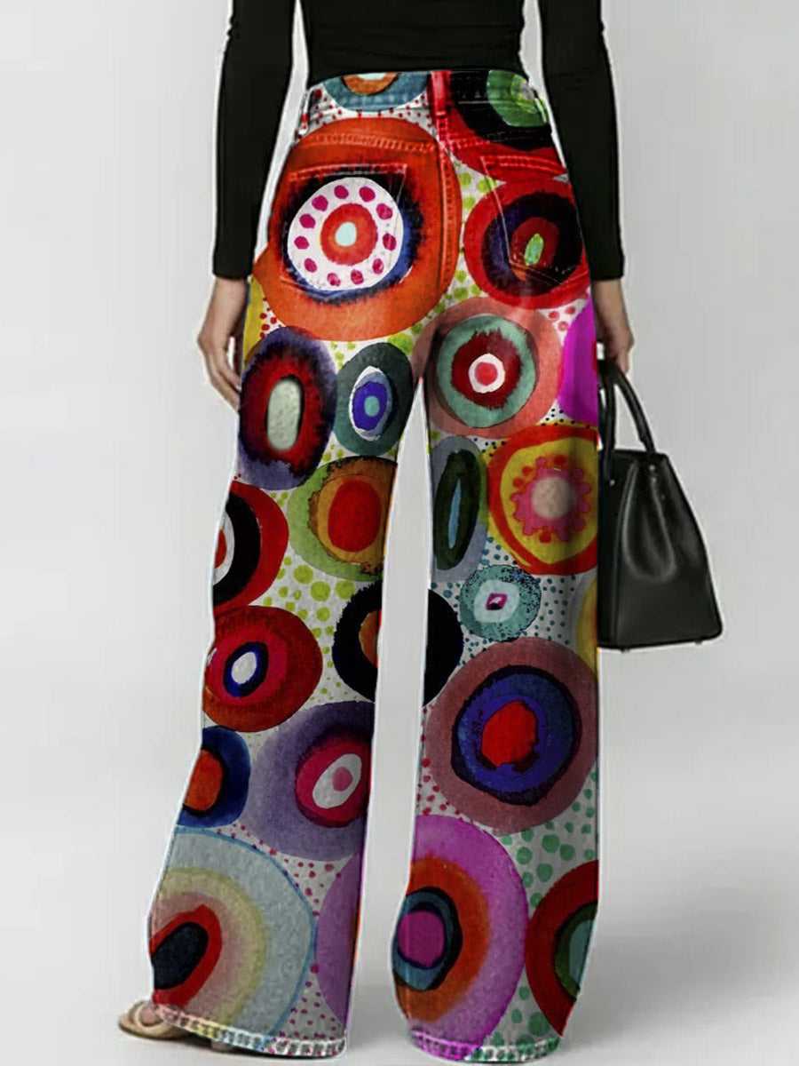 Women's Retro Geometric Art Print Casual Stylish Hollow Denim Pants
