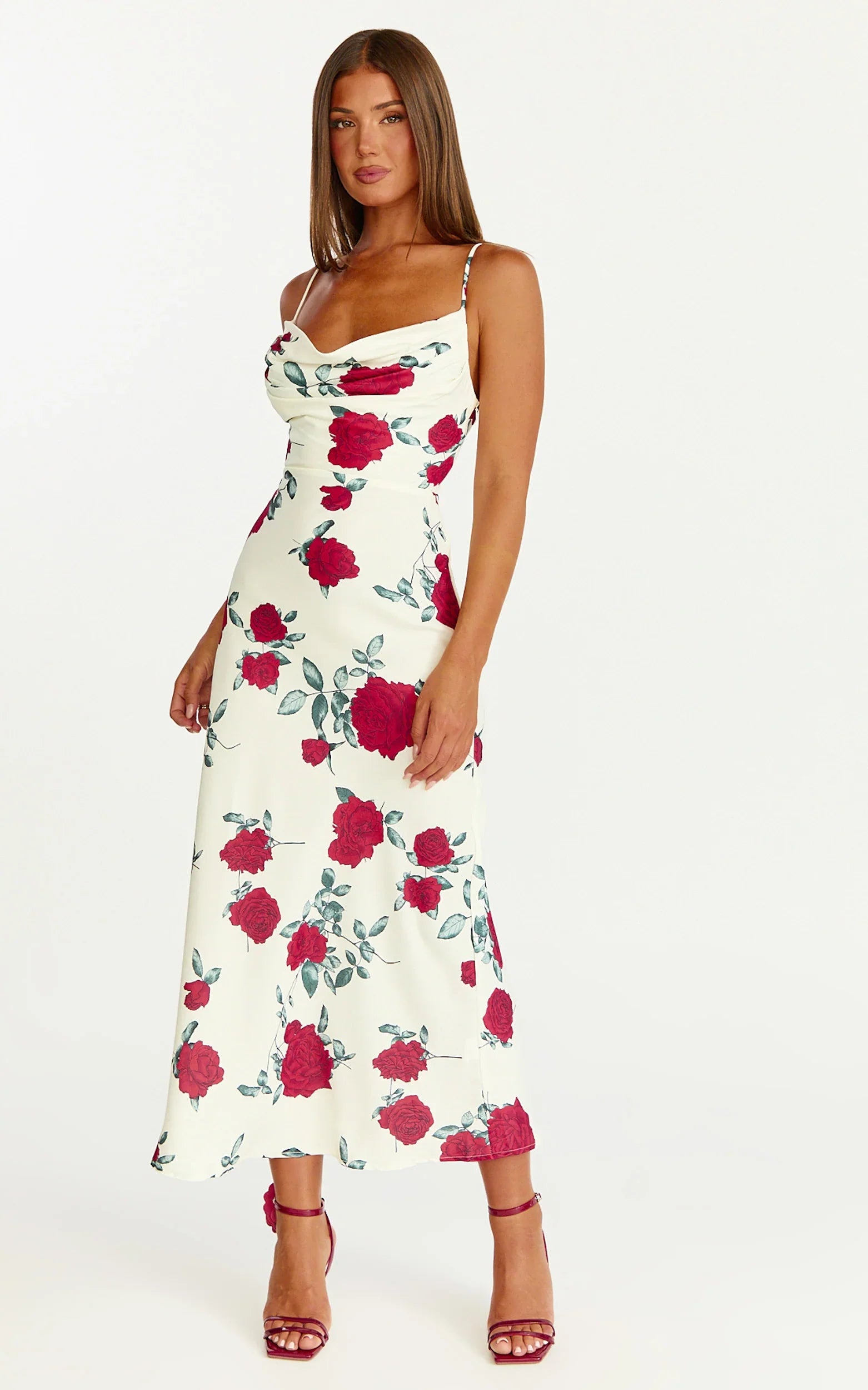Robe Midi Dahlia - Robe trapèze à col bénitier motif Rose Écarlate