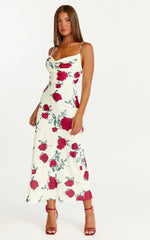 Robe Midi Dahlia - Robe trapèze à col bénitier motif Rose Écarlate