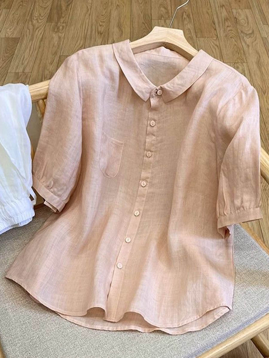 Women's Solid-color Collared Short-sleeve Casual Loose Cotton-linen Top