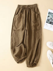 Linen Cropped Balloon Pants With Drawstring Elastic Waist And Large Patch Pockets