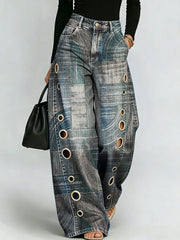 Abstract Geometric Print, Perforated Metal Detail, Draped Wide-leg Jeans