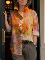 Women's Colorful Abstract Art Print Cotton Shirt — Lapel, Long Sleeve, Casual Loose Fit