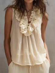 Women's Ruffled Sleeveless V-neck Top