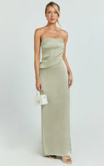 Robe longue Laurie - Robe bustier en satin drapé vert olive clair