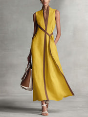 Women’s Stand-Up Collar Sleeveless Casual Loose Cotton and Linen Dress