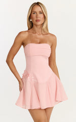 Robe Courte Penny - Robe Godet à Corset Bustier Orné de Fleurs Rose Doux