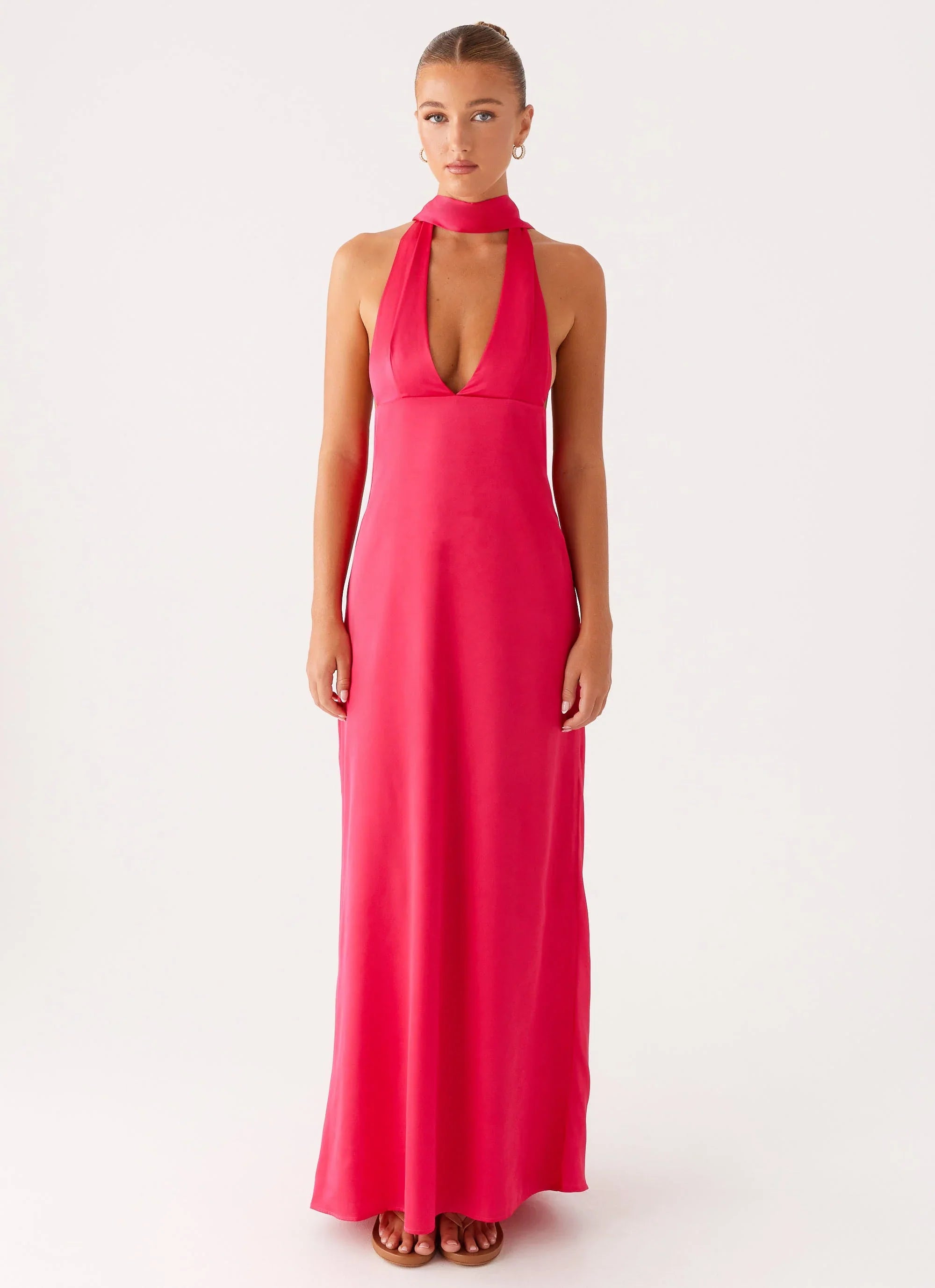 Robe longue licou en satin Alicia - Fuchsia