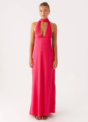 Robe longue licou en satin Alicia - Fuchsia