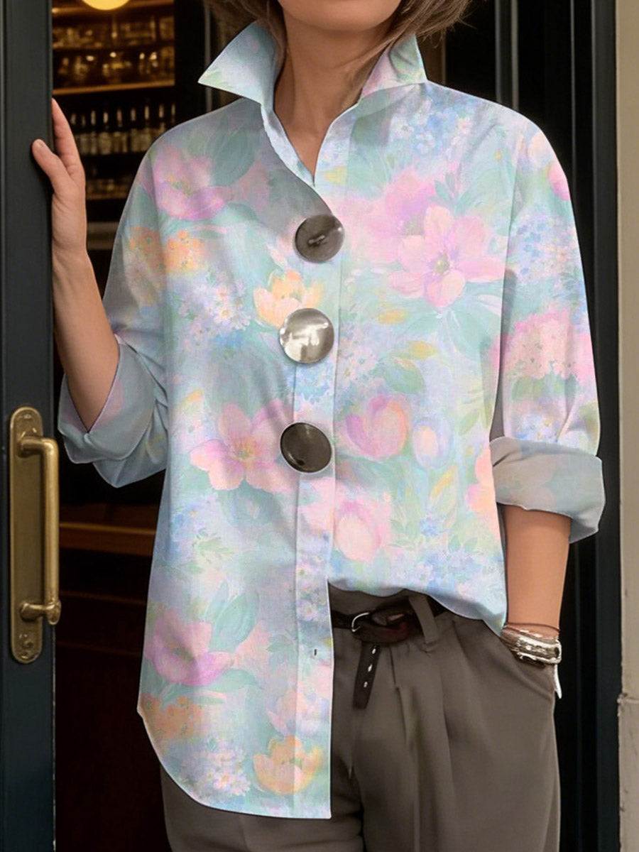 Women's Retro Floral Art Print Casual Cotton Shirt