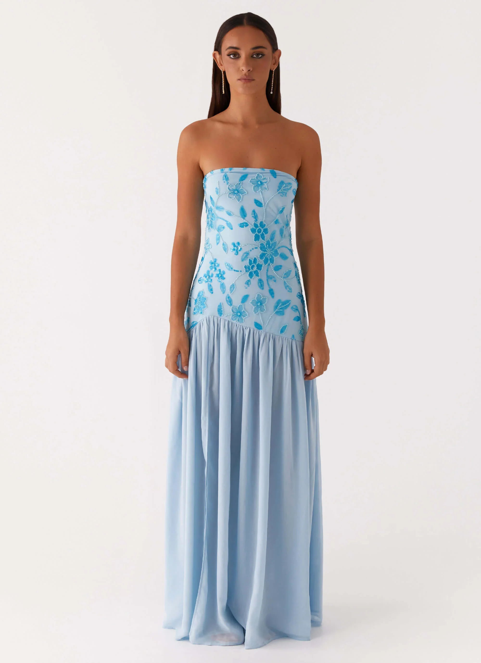 Robe longue perlée sans bretelles Eden - Bleu