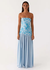 Robe longue perlée sans bretelles Eden - Bleu