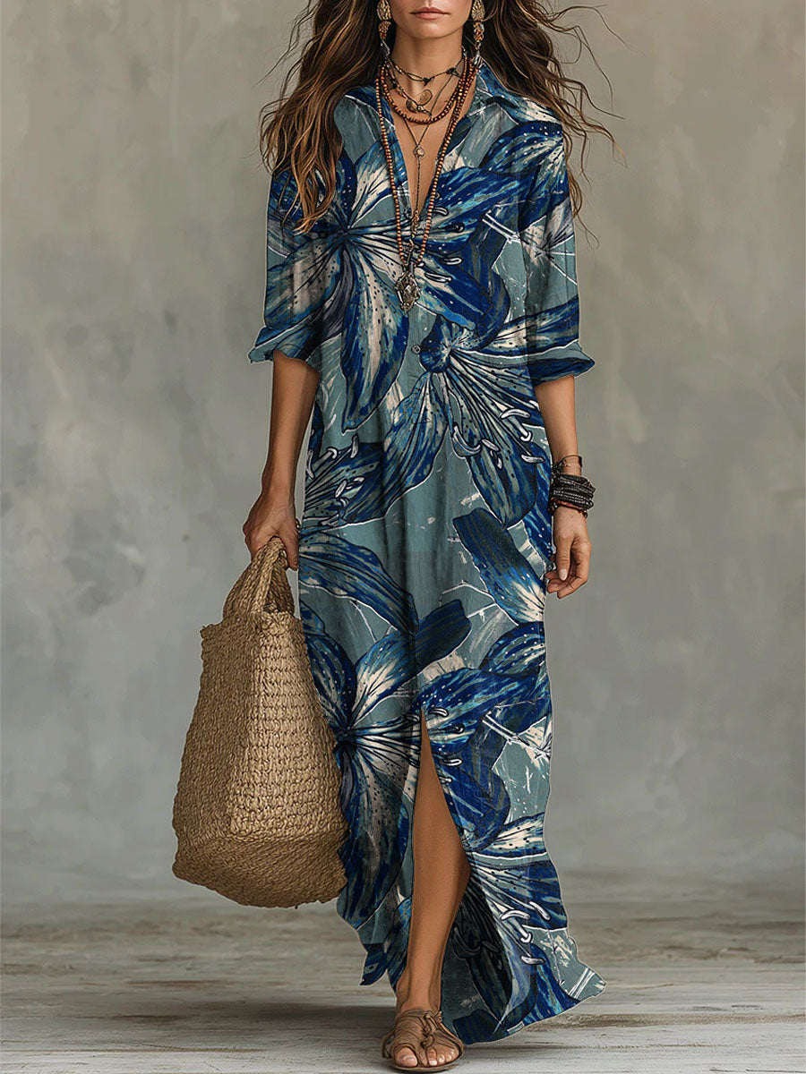 Artistic Floral Decorative Patterns Women's Long Sleeve Cotton Dress