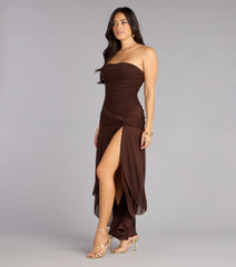 Robe longue bustier chic avec fente haute et volants