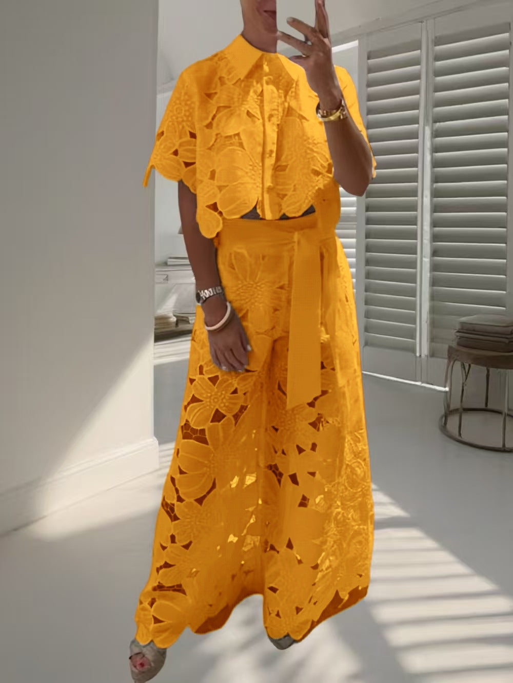 Stylish Casual Two-piece Set: Lace-embroidered Top And Pants