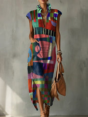 Colorful Collage Decorative Pattern Women's No Sleeve Bud Collar Linen Cotton Dress